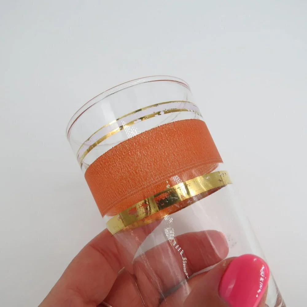 Vintage FEDERAL GLASS Set of 3 Midcentury Stripe Juice Glasses Orange Green Gold